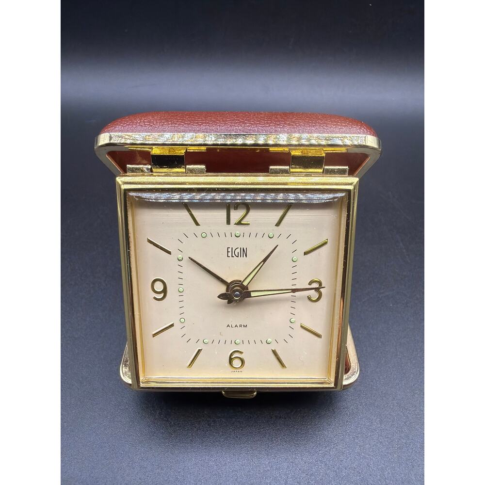 Vintage MCM Elgin Travel Alarm Clock Folding Leather Case Gold Tone WindUp Works